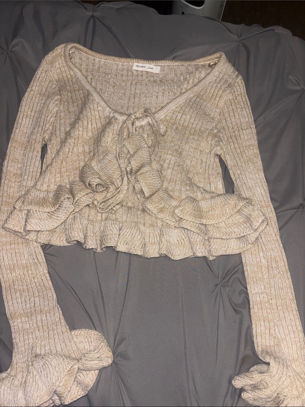 Mustard Seed Beige Ruffled Tie-Front V-Neck Sweater